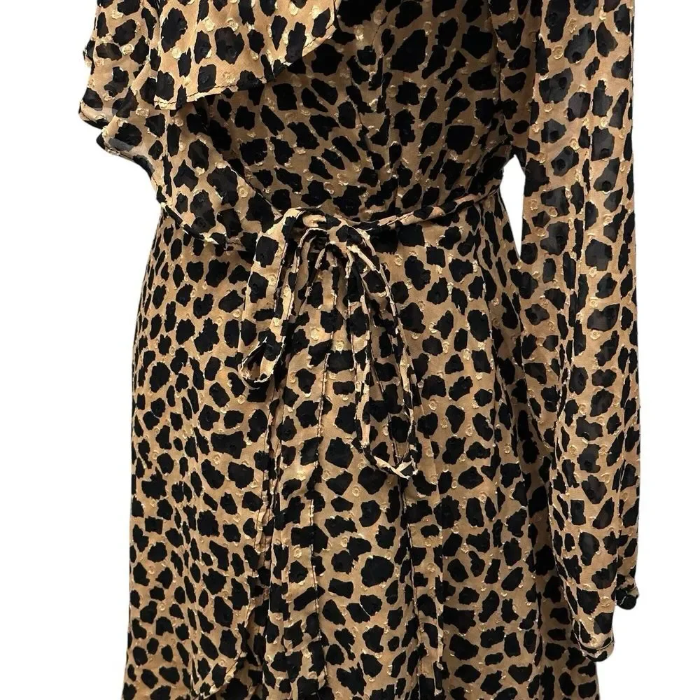 Free People Frenchie Leopard‎ Print Wrap Mini Dress  XS Long Sleeves Ruffle NWT